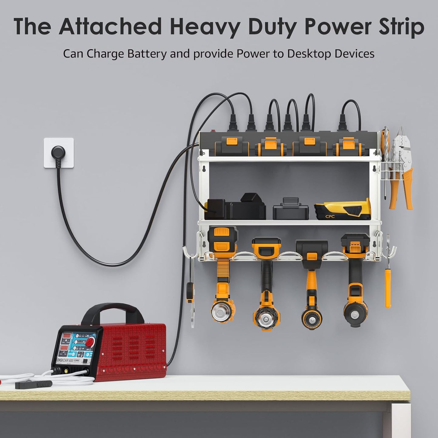 CCCEI Modular Power Tool Organizer Wall Mount with Charging Station. Garage 4 Drill Storage Shelf with Hooks, Drill Bit Heavy Duty Rack, Silver Tool Battery Holder Built in 8 Outlet Power Strip.