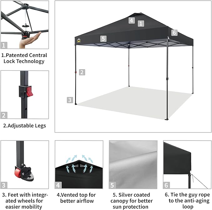 CROWN SHADES 10x10 Pop Up Canopy Tent - Patented Center Lock One Push Instant Outdoor Canopy Beach Tent with STO-N-Go Bag 8 Stakes & 4 Sand Bags，Black