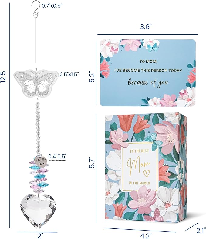 ARUN Gifts for Moms Birthday Gift Moms for mom Birthday Mothers Day from Daughter Son, Love Reminder Gifts Thanksgiving Christmas Butterfly suncatcher with Heart Crystal Mother's Things