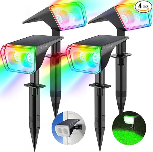 Consciot Solar Spot Lights Outdoor, 30 LED Waterproof Color Changing Solar Spotlight, 2 in 1 Adjustable Wall Lights, 10 Colors, Dusk-to-Dawn Solar Landscape Spotlights for Garden Yard Walkway, 4 Pack