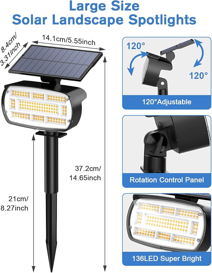 Fabrito Solar Spot Lights Outdoor 136 LEDs, Large Area Lighting Solar Lights Outdoor, 4 Pack IP65 Waterproof Landscape Spotlights Auto On/Off for Yard, Garden, Pathway, Plants,Tree (Warm White)