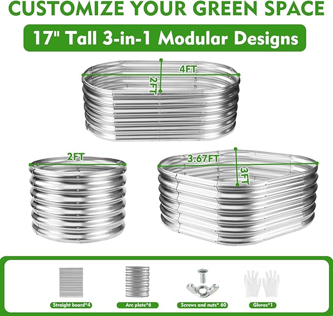 17" Tall Outdoor Garden Raised Garden Bed Kits, 4ft X 2ft Oval,0.8MM Thick Metal Raised Planter Bed/Ground Planter Box for Variety of Flowers,Herbs,Vegetables (Silver, 48X24X16.5 Inches)