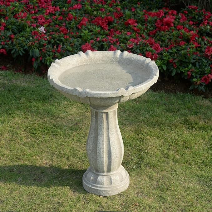 Bird Bath for Outdoor - 26'' Tall Resin Stone Modeling Design Birdbaths, Lightweight and Durable - Enhance Your Outside Garden with This Stunning Water Feature (Ivory White)