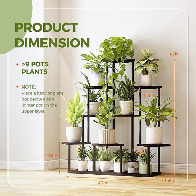 Bamworld Large Plant Stand Indoor, 9 Tier Tall Metal Plant Shelf for Multiple Plants, Tiered Flower Stand for Patio Garden Balcony Living Room Bedroom(Black)