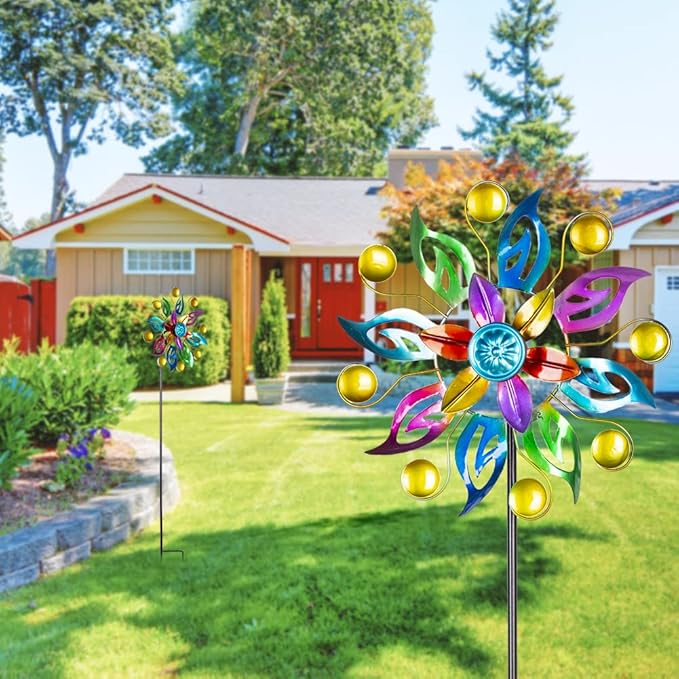 DREAMYSOUL 2 Packs Wind Spinners for Yard and Garden, Colorful Pinwheel Metal Wind Sculpture Outdoor Yard Art for Garden, Patio, Lawn Decor (11" Dia * 37.8" H)