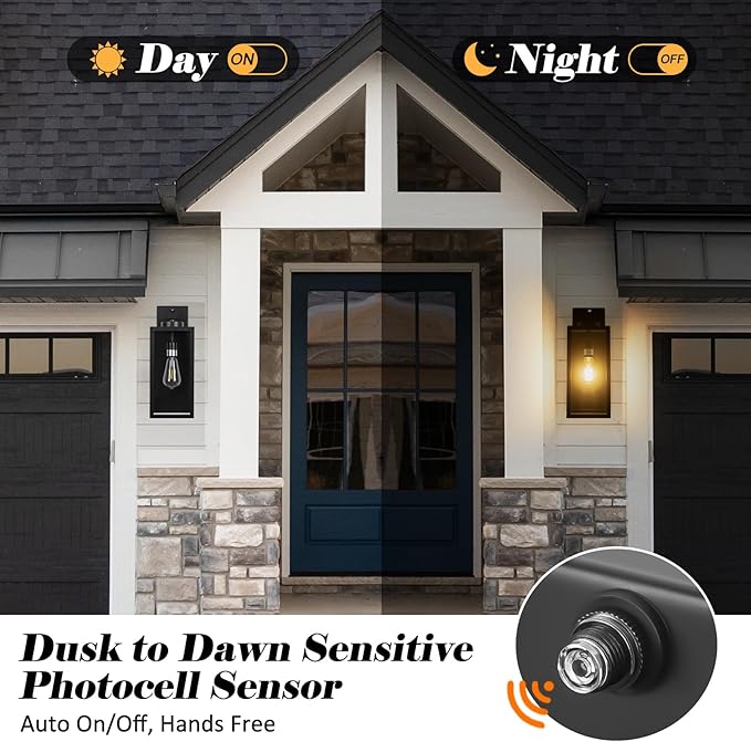 Dusk to Dawn Outdoor Wall Light Fixture, 16" Large Exterior Black Lantern Waterproof, Farmhouse Porch Sconce Lighting, Modern Wall-Mounted Outside Lights for House Garage, Patio Lamp