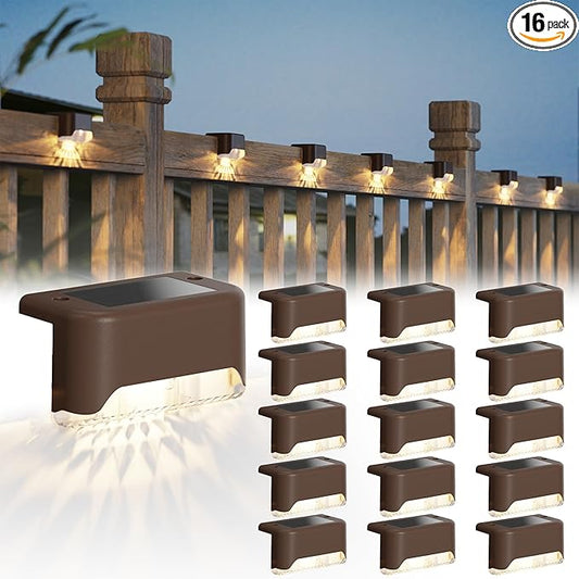 JACKYLED Solar Fence Lights 16 Pack Outdoor Solar Deck Light IP65 Waterproof Solar Step Lights Outdoor Lighting for Garden Deck Fence Railing Stair Patio Yard Pathway, Brown