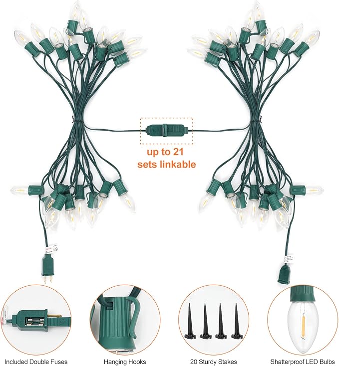 C9 Christmas String Lights for Pathway , 26FT LED 20 Clear Lights with 20 Stakes, Waterproof Shatterproof 2700K Warm White Linkable Walkway Lights for Outdoor Indoor Xmas Driveway Yard Garden Decor