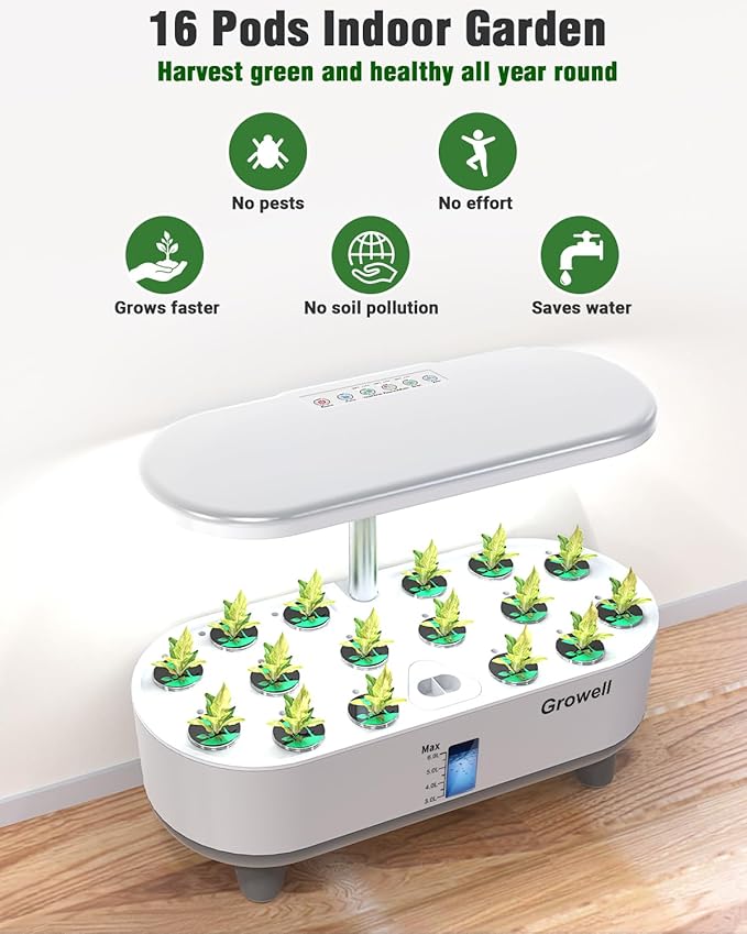 Hydroponics Growing System Kit, 16 Pods Indoor Garden with 28W Full Spectrum LED Grow Light, Auto Timer, 3 Smart Light Modes, 8L Large Herb Garden, Ideal Gardening Gift for Women, Men (White)