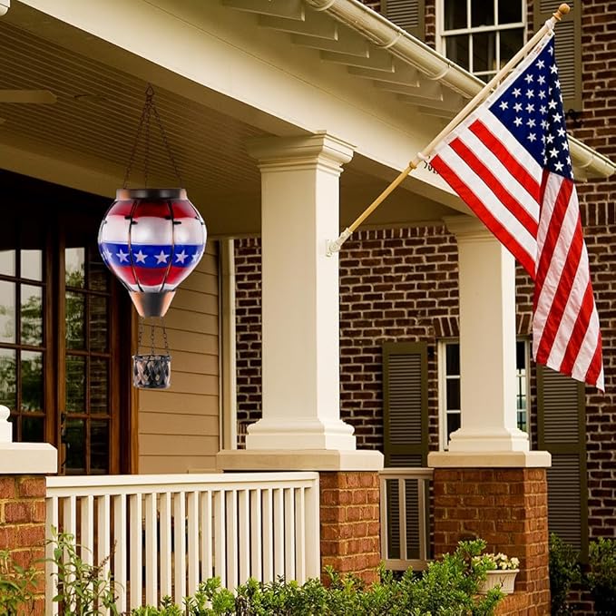 DREAMSOUL Flag Hot Air Balloon Solar Lantern, Glass Solar Lantern with Flickering Flame, Hanging Waterproof Solar Lanterns Outdoor Flag Day for Patio Decor, Fourth of July Decorations Christmas Gifts