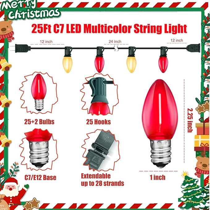 C7 LED Christmas Lights Outdoor, 25FT Red and Frosted White Christmas Lights with 27 LED Energy-Efficient Bulbs, Hanging Outdoor Decorations Vintage Christmas Lights for Party Tree Patio Garden Yard