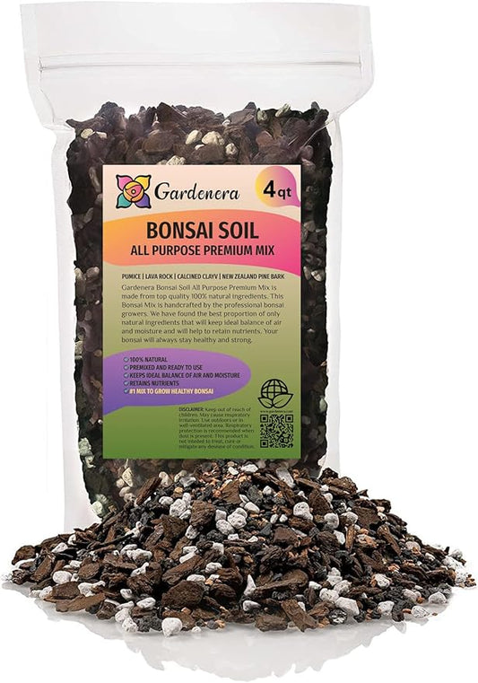 Premium Bonsai Soil All Purpose Fast Draining Mix - Pumice, Lava, Calcined Clay and Pine Bark Potting Pre Mixed Bonsai Plant Soil Mixture by GARDENERA - Made in USA - (4 Quart Bag)