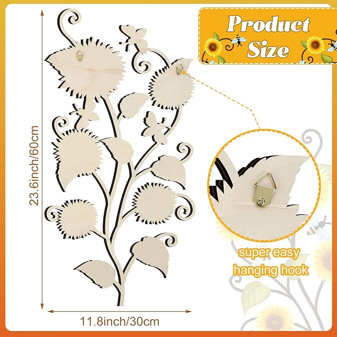 Ferraycle Wooden Sunflower Wall Decor Hanging Sunflower Outdoor Decor Rustic Flower Wall Art Yellow Large Farmhouse Wooden Signs for Indoor Bathroom Porch Patio Bedroom Accessories(with Bees,Wooden)