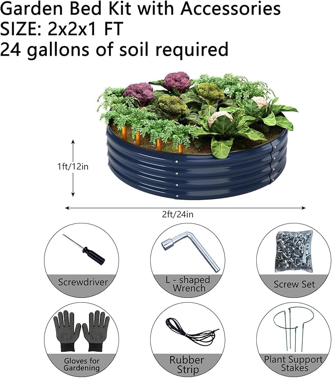 Galvanized Metal Planter Round Raised Garden Bed Kit for Gardening Outdoor，2x2x1ft Grow Garden Box Raised Flower Bed，Round Galvanized Planter Outdoor Metal Fire Pit Ring