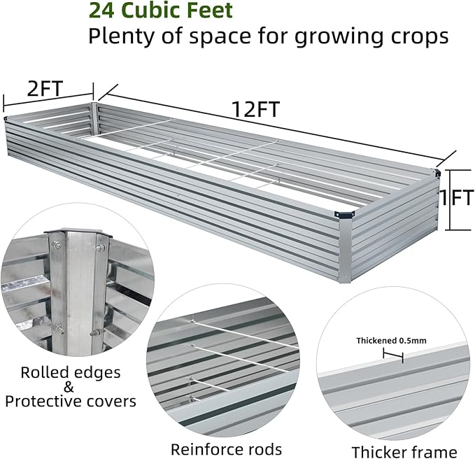 2 Pack 12x2x1FT Galvanized Raised Garden Beds Kit Outdoor Metal Gardening Planter Box for Vegetable Elevated Flower Herbs,Silver