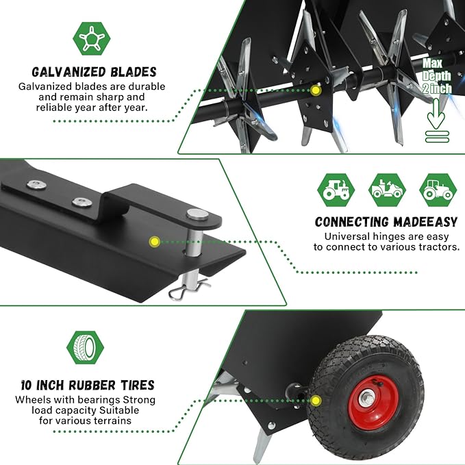 Doniks 52-Inch Tow Behind Lawn Plug Aerator with Universal Hitch, Lawn Aerator Tow Behind with 40 Galvanised Steel Tines,Tray and Inflatable Wheels for Gardens, Lawns, Farms