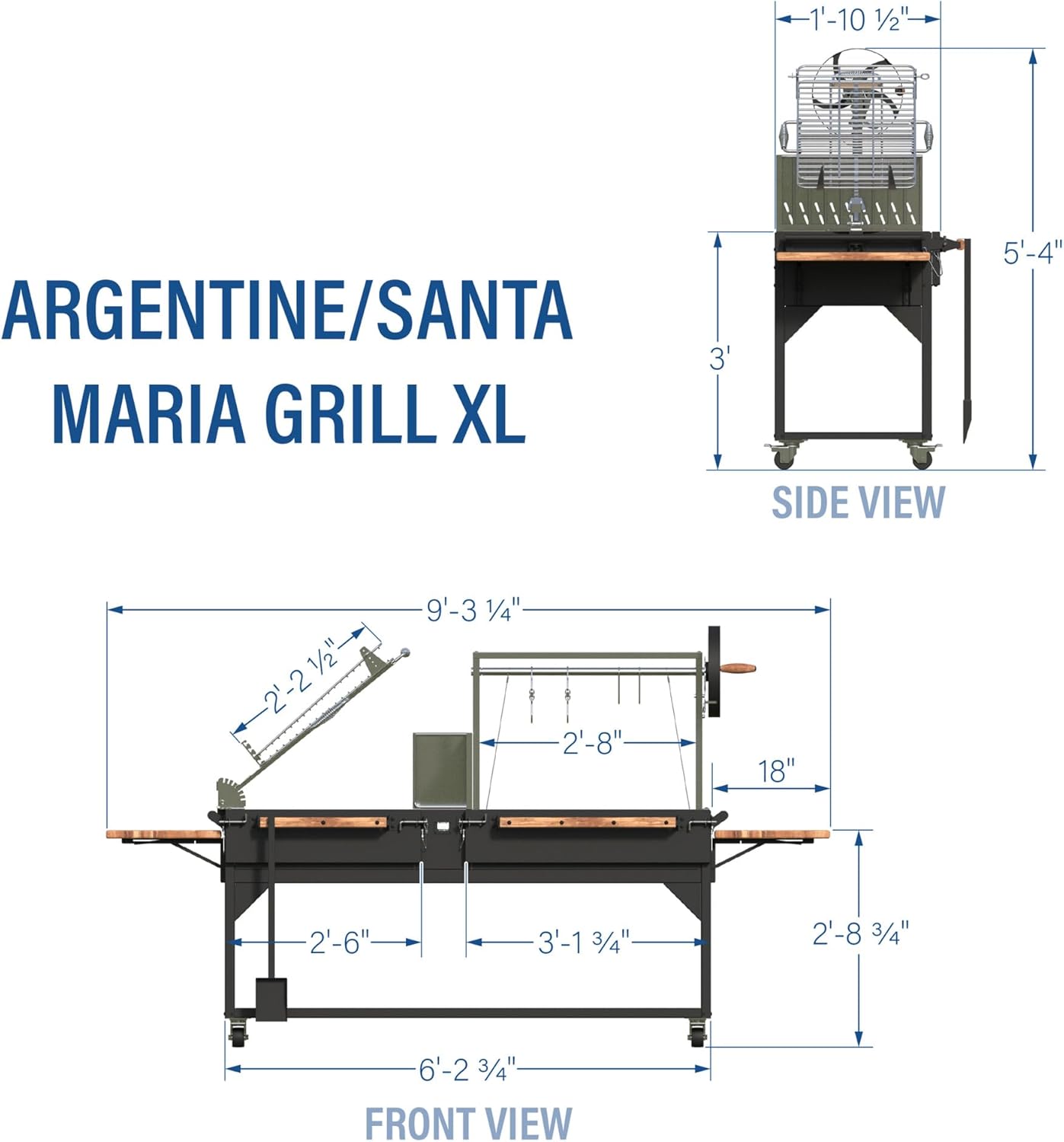 Backyard Discovery Argentine Santa Maria XL Wood Fire & Charcoal Steel BBQ Grill with Asado Clamp, Adjustable Grill Grates, Brasero, Fire Bricks, S-Hooks, Acacia Wood Table for Outdoor Gaucho Grilling