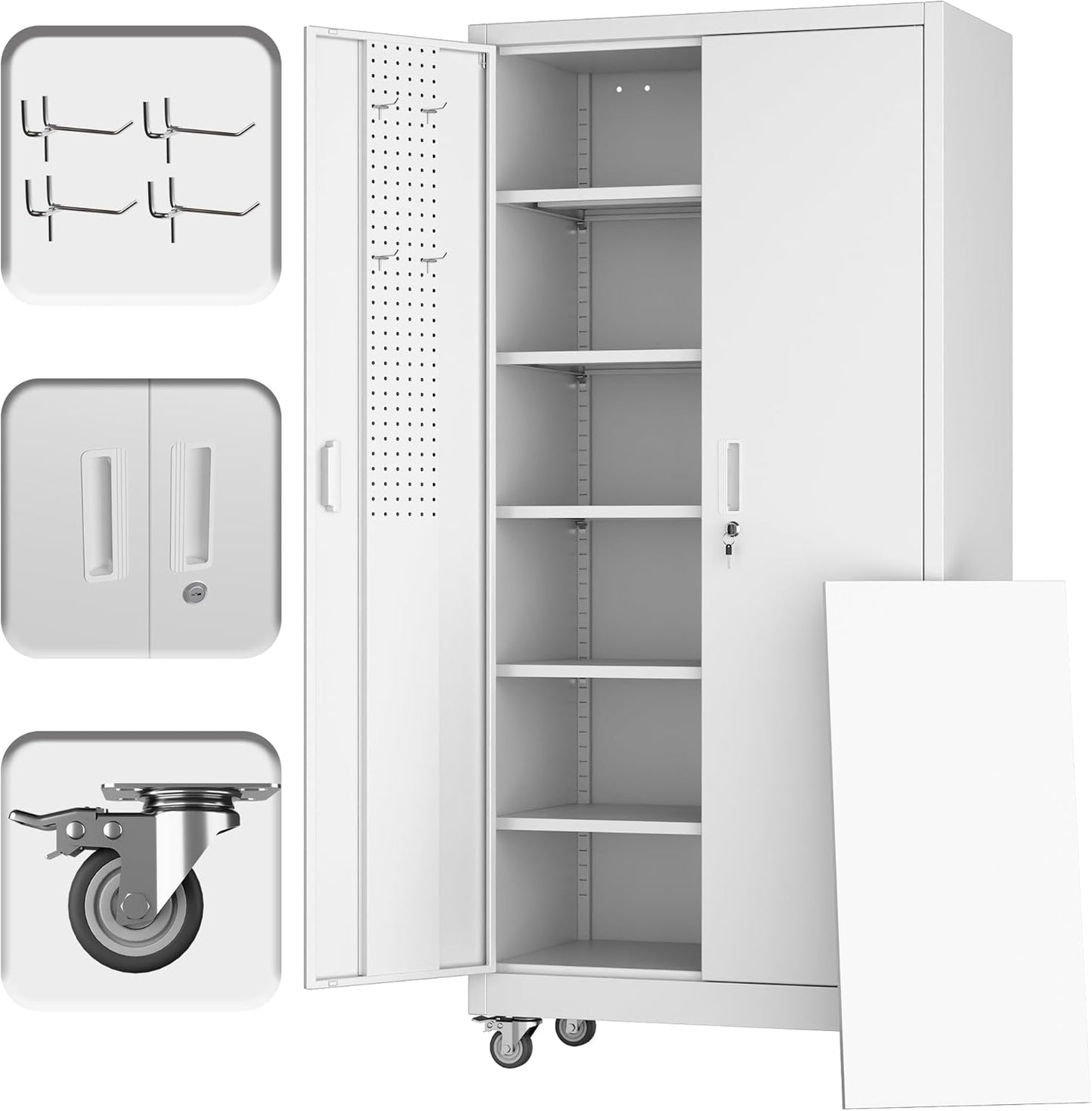 Aobabo 71" H×32" W×16" D Metal Storage Cabinet with Wheels, Garage Steel Storage Cabinet with 5 Adjustable Shelves and 4 Hooks for Home Office, Kitchen, Assembly Required, White