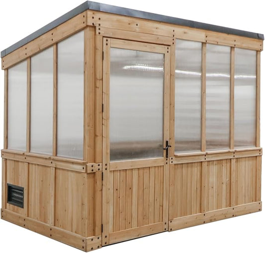 Backyard Discovery Willow 9' x 6' Cedar Wood and Polycarbonate Walk-in Greenhouse Kit with Exhaust Fan, Windows, Hose Hook-Ups, PowerPort, Staging Shelves for Year-Round Outdoor Gardening