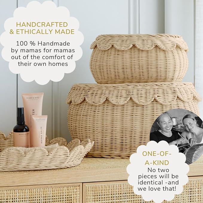 BEBE BASK Large Scalloped Basket Set Of 3 - Hand-Woven & Award-Winning Scallop Basket - XL - Extra Large for Blankets 22 x 16 x 10 In - Elegant Wicker With Scalloped Edge Lid (Natural)