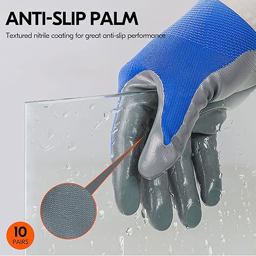 Vgo 10-Pairs Safety Work Gloves, Gardening Gloves, Non-slip Nitrile coating, Dipping Gloves (Size S, Blue, NT2110)