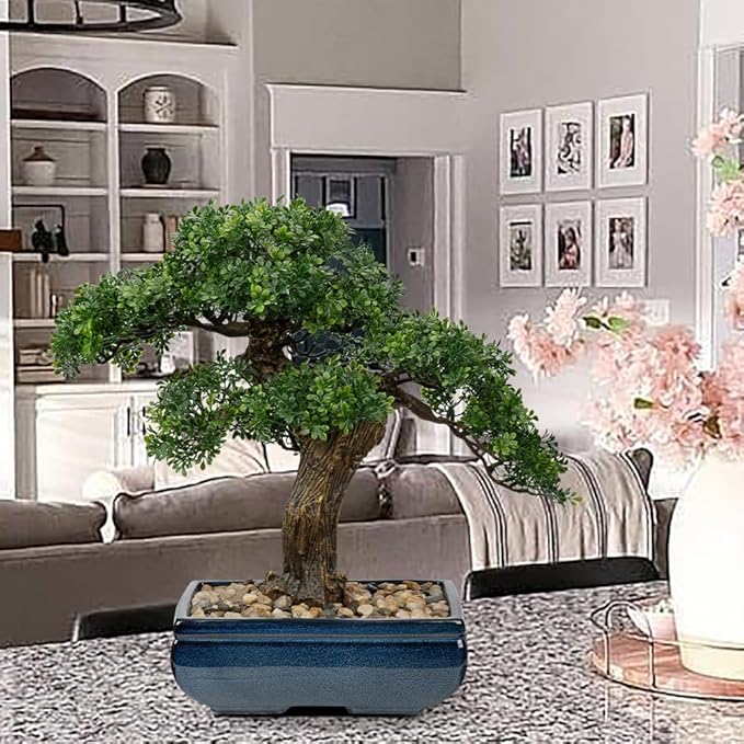 Artificial Bonsai Tree Juniper Faux Plants Indoor Fake Plants Decor with Blue Square Ceramic Pots for Home Table Office Desk Bathroom Shelf Bedroom Living Room Farmhouse Decorations