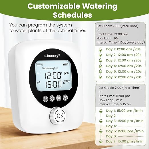 98FT Automatic Plant Waterer Indoor - Chtoocy Dual Pumps Independent Automatic Watering System for 30 Potted Plants, Drip Irrigation System Vacation Plant Watering Device with Programmable Water Timer