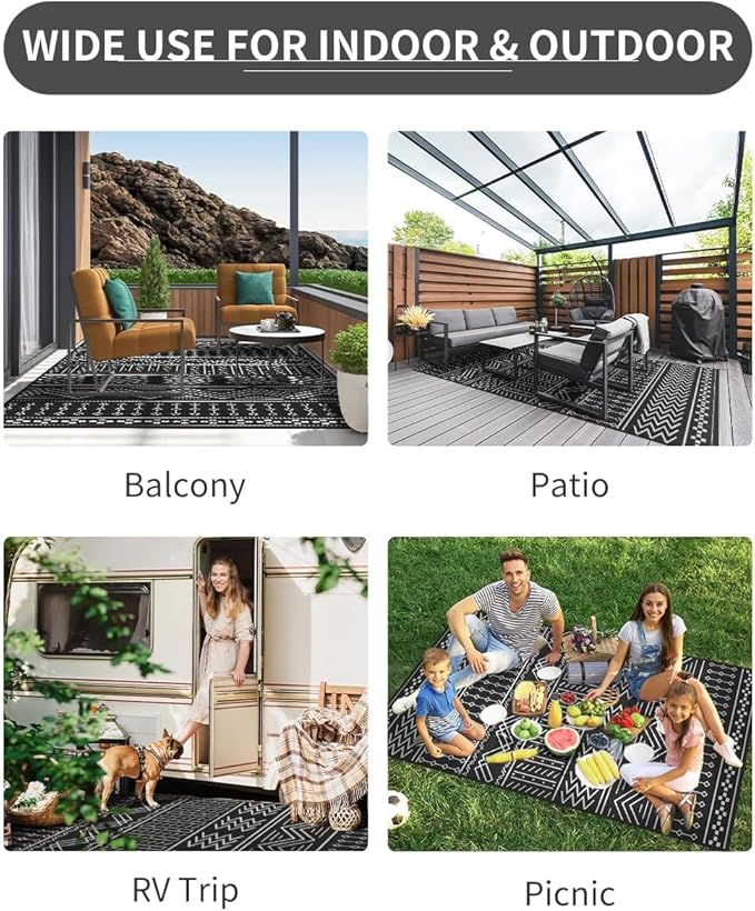 COCOER Outdoor Rug Carpet Waterproof 9x12 ft Patio Rug Mat Indoor Outdoor Area Rug for RV Camping Picnic Reversible Lightweight Plastic Straw Outside Rug for Patio Decor Decoration