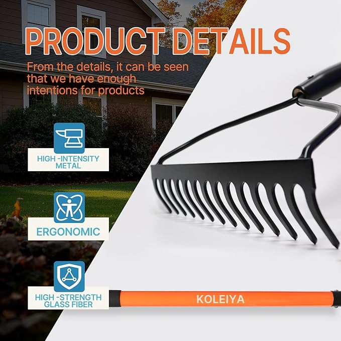 Garden Rake Heavy Duty with Orange Fiberglass Handle - 14-Tooth Metal Yard Hard Rake for Gardening, Farming, and Yard Work ,57 Inch