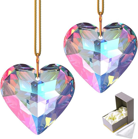 AB Color Heart Crystal Suncatcher, 2pc 45mm Hanging Prism for Windows, Outdoor Indoor Decoration, Rainbow Maker Gifts for Mom, Grandma, Friend