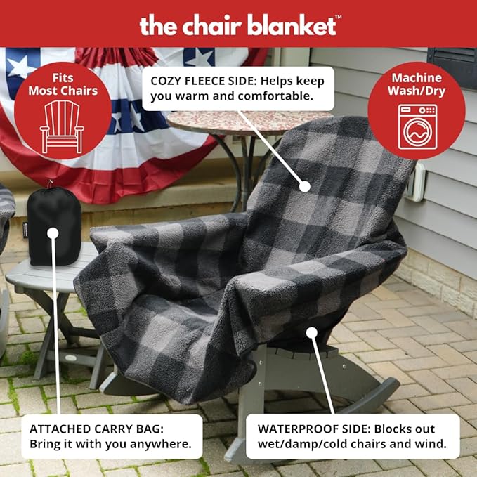 CITYBONFIRES The Chair Blanket – Reversible, Waterproof & Sherpa-Lined - Stretchable Elastic Back - Original Patio Chair Cover – Ideal for Homes and Outdoor Furniture- with Carry Pouch – Grey Plaid