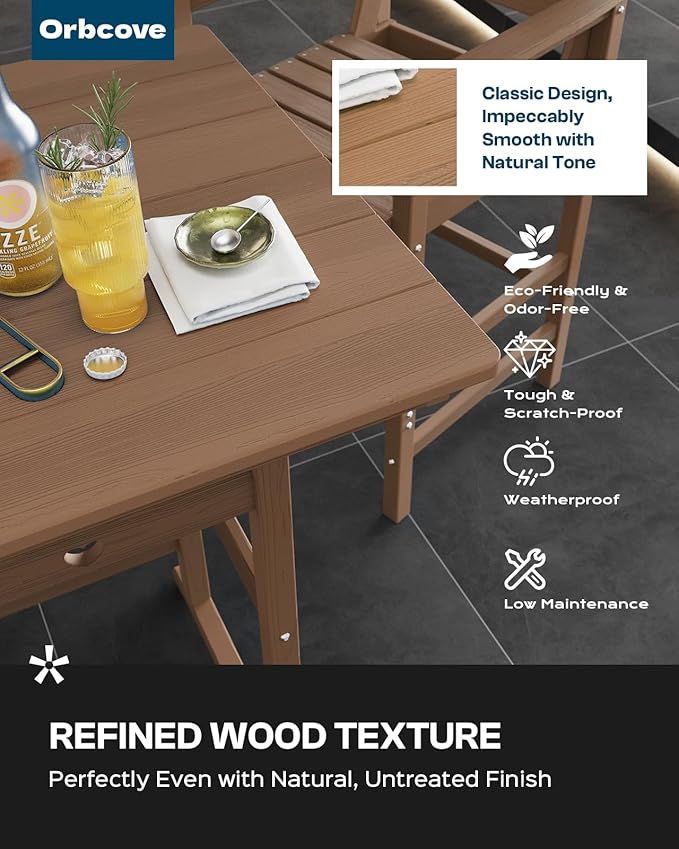 3-Piece Bar Height Patio Table and Chairs Set, HDPE Wood Grain Outdoor Bar Table and Chairs with Heart Cutout Design, Weather-Resistant Bar Height Furniture for Deck, Porch, Pool (Teak)