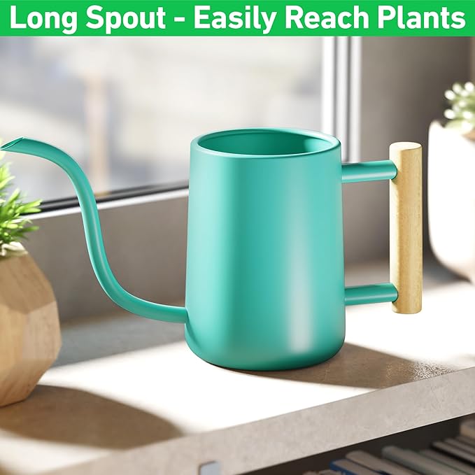 35 oz Metal Small Indoor Watering Can with Long Spout & Real Wood Handle for House Plants, Succulents, Cacti & Seedlings - Green Long Spout Watering Can Indoor Plants - Stylish, Gentle Flow, No Spills