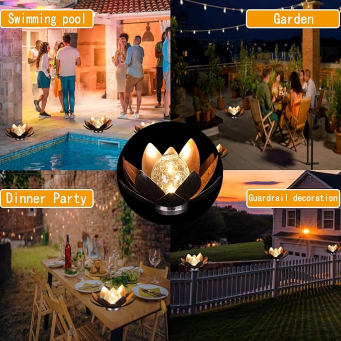 12 inches Solar Lights Outdoor Garden, Crackle Globe Glass Lotus Decoration, Waterproof LED Metal Flower Lights for Patio,Lawn,Walkway,Tabletop,Ground Gardening Gifts (Copper Color)