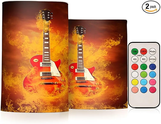 Flickering Flameless Candles, Rock Guitar in Fire Flames LED Candles with Remote Timer, Set of 2 Battery Operated Candle for Valentine Wedding Birthday