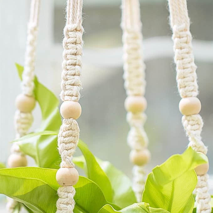 Mkono 43 Inch Macrame Plant Hanger Large for up to 12 Inch Pot Extra Long Hanging Plant Holder No Tassels Hanging Planter Basket with Wood Beads for Indoor Outdoor Boho Home Decor, Ivory, Set of 2