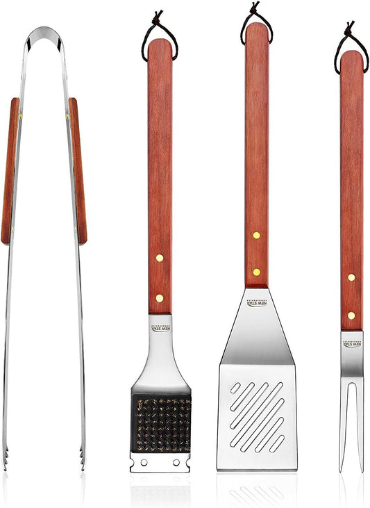 New Star Foodservice 59007 Stainless Steel BBQ Tool Set with Solid Hard Wood Handles, Set of 4