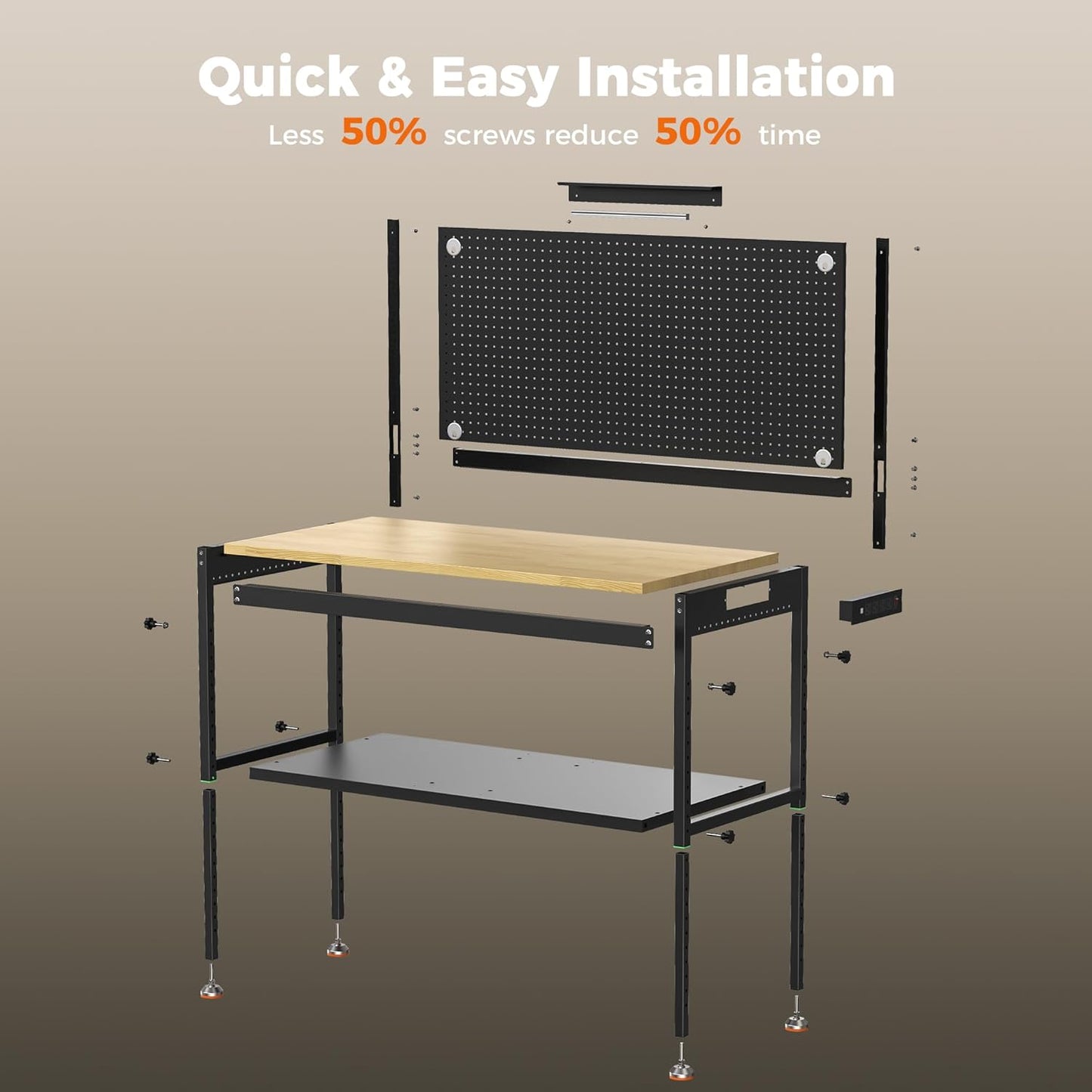 48" Heavy Duty Work Bench Adjustable Height Max Load 2000 LBS with Storage Shelf for Garage Workbench, Rubberwood Tabletop with Pegboard, LED Light, Built-in Power Strip for Woodworking Shop