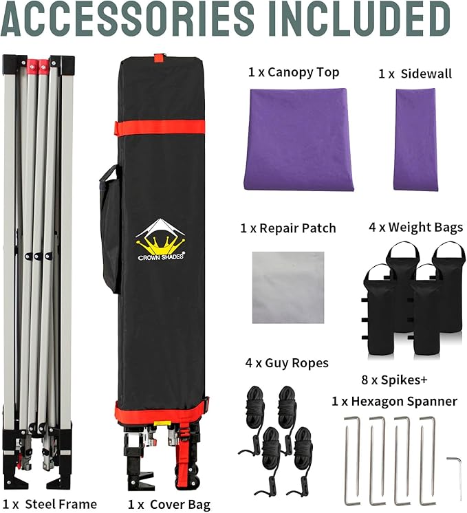 CROWN SHADES 10x10 Pop Up Canopy with 1 Side Wall - Beach Tent with One Push Setup - Outdoor Sun Shade for Events, Parties, Camping - Gazebo with STO-N-Go Cover Bag (Purple)