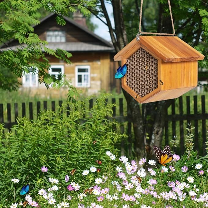Mason Bee House Wax Coated Bee Hotel, Pollinator House Waterproof, Natural Handmade Wooden Mason Bee Hotel for Pollinating Bees Garden Supplies