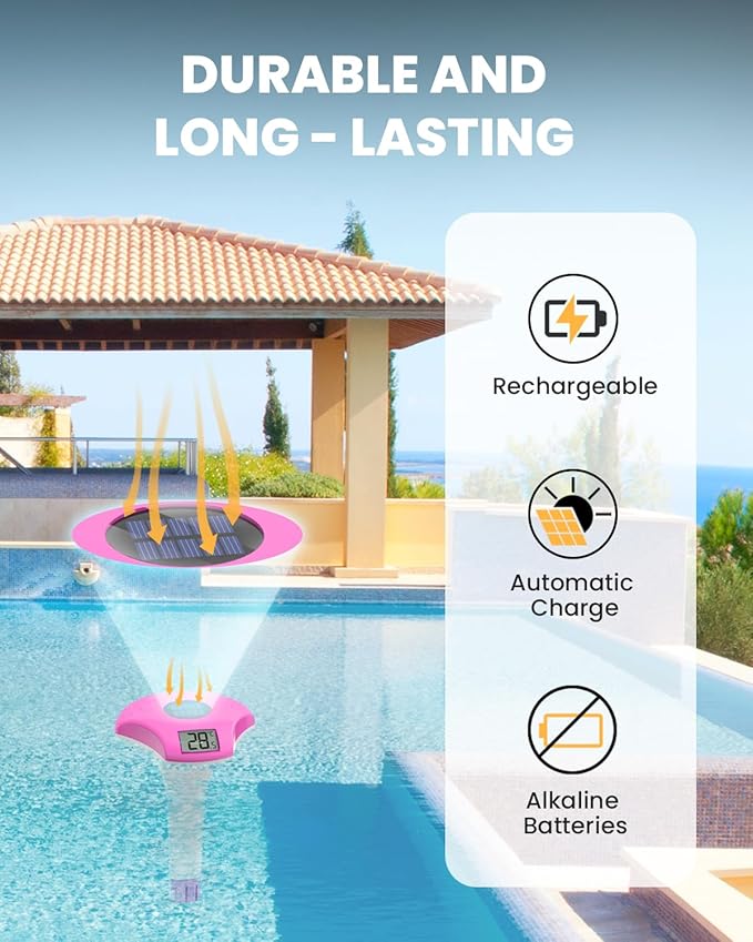 BALDR Pool Thermometer Floating Easy Read, IPX8 Waterproof, Solar Powered Digital Pool Thermometer with LCD Screen,Suitable for Swimming Pool/Hot Tub/Hot Spring/Aquarium (Purple)