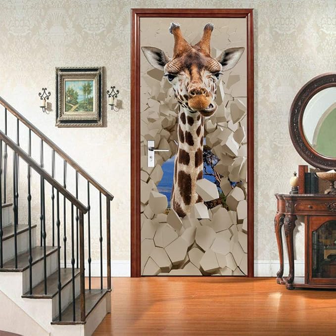 Door Wallpaper Self-Adhesive Door Poster 3D Door Picture Giraffe Door Film Photo Wallpaper Premium PVC Waterproof Door Sticker Wall Sticker for Bedroom Living Room Door Decoration Stickers 95 x 215 cm