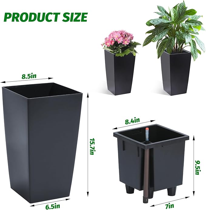 16" Tall Planters Set of 2, Outdoor＆Indoor Black Planter Pots, High Front Porch Planter Pots with Drainage Holes＆Water Level Monitor＆Inner Bucket, Automatic Watering,Black