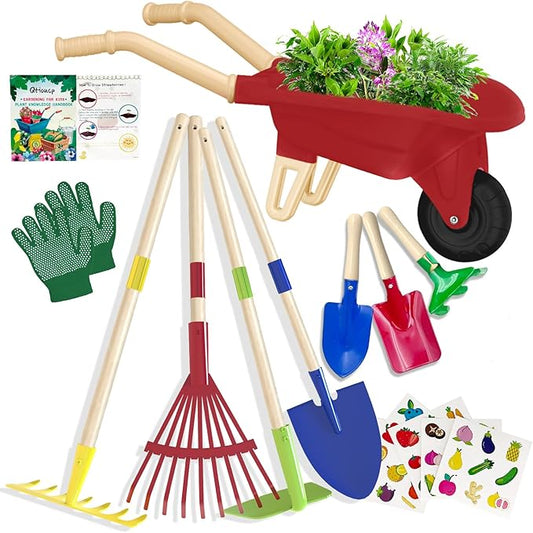 Kids Gardening Tools Outdoor Toys Set Backyard Play with Wheelbarrow Educational STEM Learning Pretend Toys Outdoor Indoor for Toddlers Kids Boys Girls (Red Wheelbarrow Set)