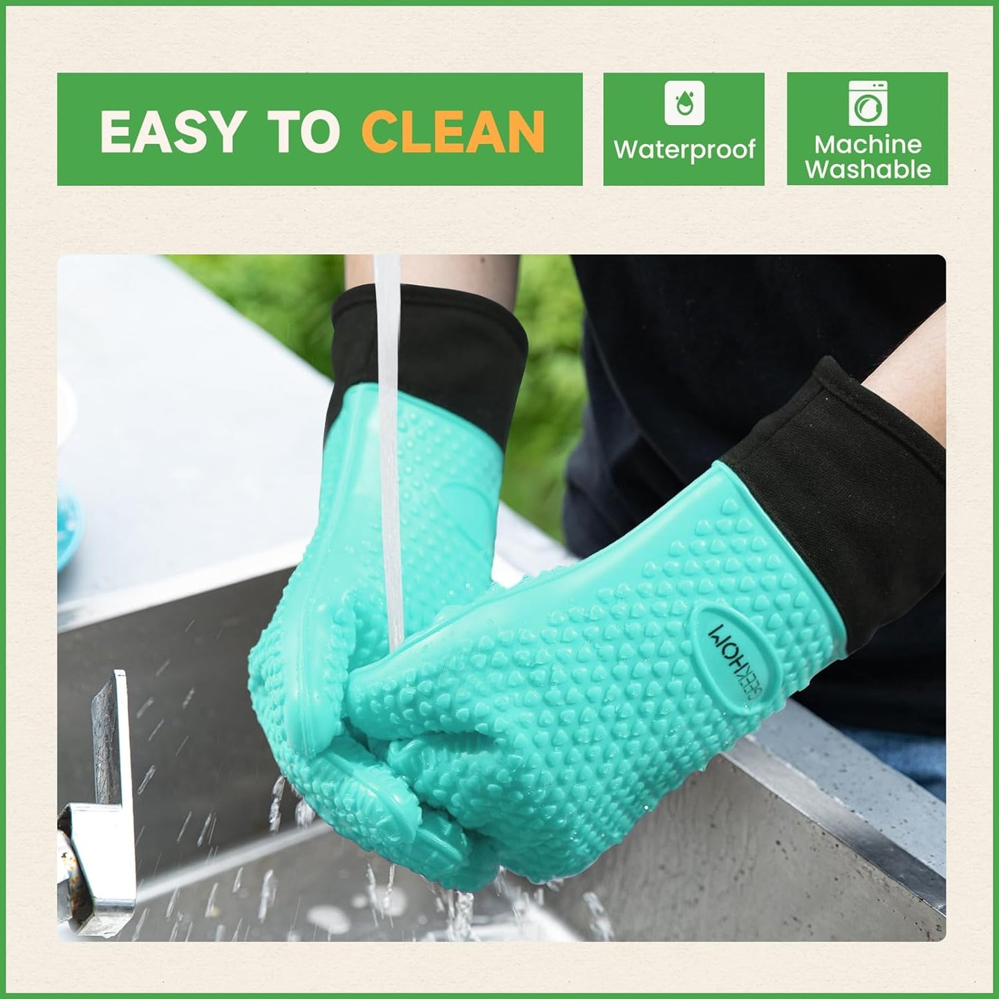 GEEKHOM BBQ Gloves Heat Resistant Oven Mitts - Silicone Grilling Gloves with 13.7" Arm Protection - Waterproof Pot Holder Non-Slip for Men & Women, Kitchen Outdoor Cooking, Baking, Camping, Turquoise