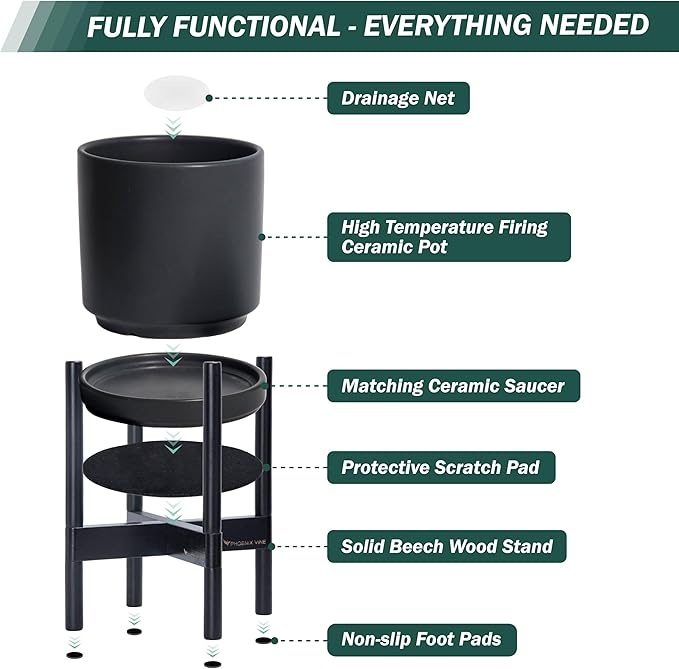 D'vine Dev Ceramic Planter with Ebony Stand - 10 Inch Modern Round Flower Pot with Wood Planter Holder, Black, 55-B-L-2