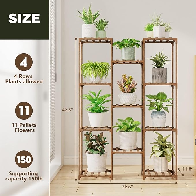 Bamworld Plant Stand Indoor Outdoor Tall Plants Shelf for Multiple Plants Pots Wood Flower Stand Large 11 Pots Plant Holder for Living Room, Patio, Balcony, Garden