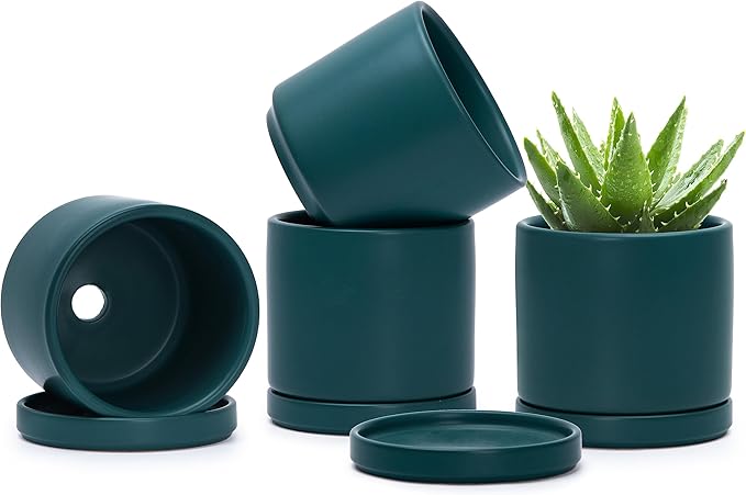 D'vine Dev Set of 4 Small Ceramic Plant Pots, 4.6 Inch Succulent Planter Pot for Plants with Drainage Hole and Saucer, Teal, 94-X-B-9