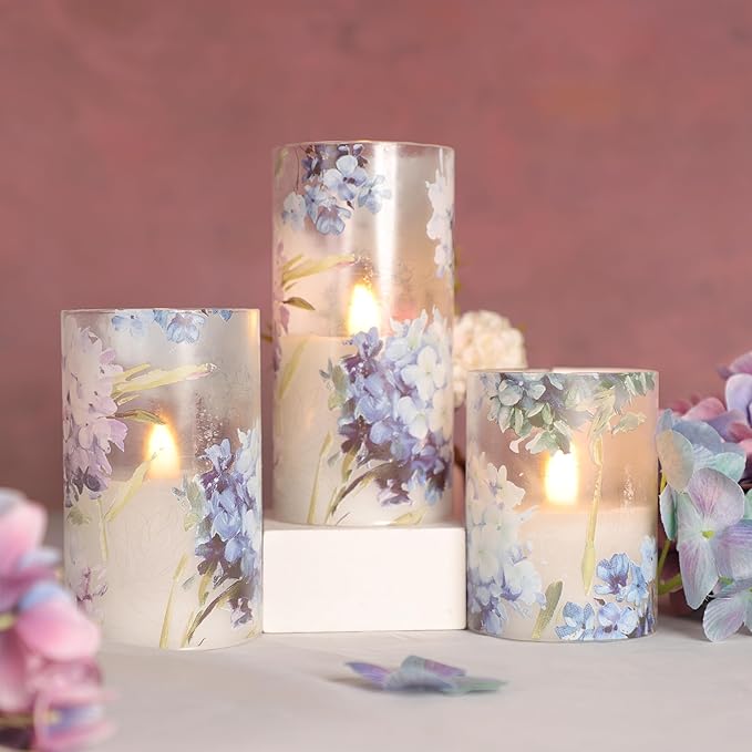 Floral Flameless Candles Decorative Battery Operated with Remote Hydrangea Flowers Romantic Lovers Flickering Pillar Candles for Wedding Tray Centerpiece Home Decor