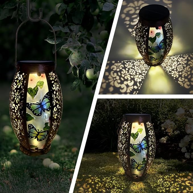2PCS Butterfly Solar Lanterns Glass & Metal Hanging Light Outdoor Waterproof 16" H Tabletop Lamp with Hollowed-Out Design with Shepherd's Hooks for Garden Patio Table Decor